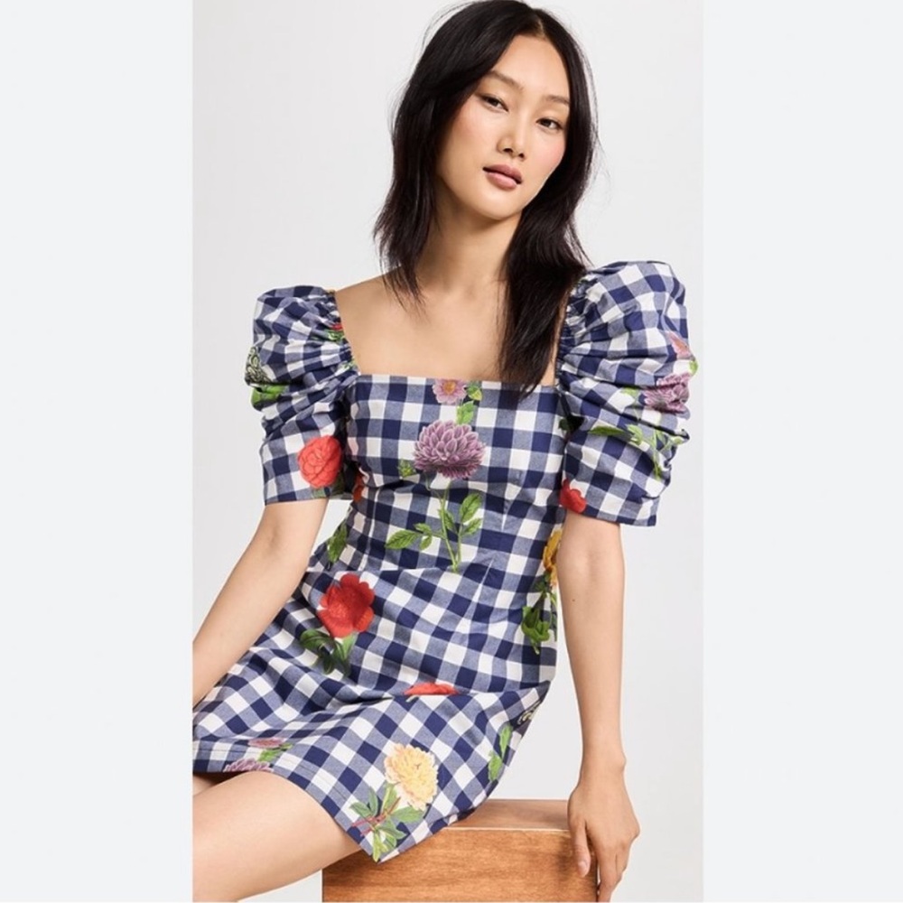 Cara Cara Kelly Gingham Blue Checkered Puff Sleeve Floral Geranium Mini Dress XS
